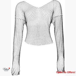 Sheer Rhinestone Mesh Crop Top Off Shoulder V Neck Long Sleeve